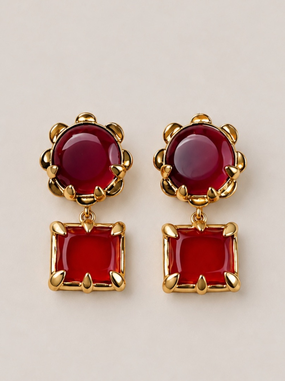 New! Ruby Red Cabochon Square Drop Statement Earrings NWOT